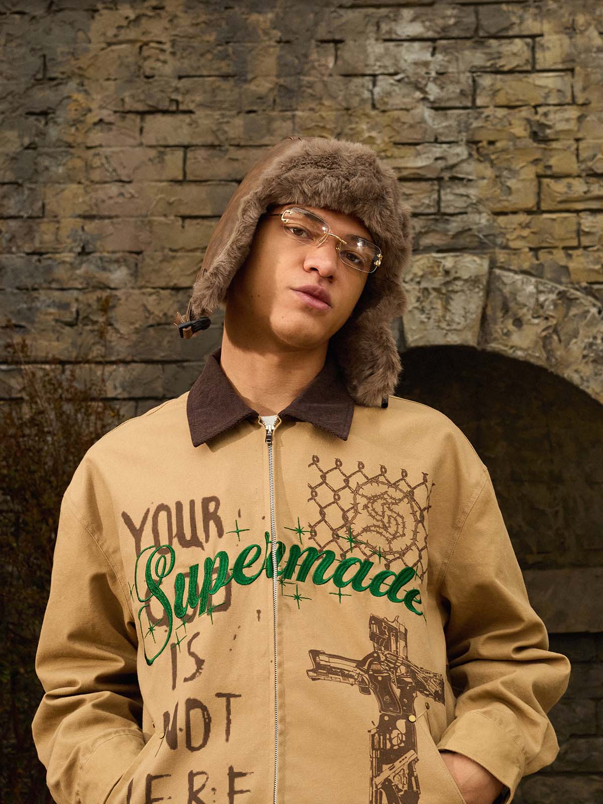 Supermade “Your God Is Not Here” Slogan Print Color-Blocked Embroidered Retro Canvas Set 