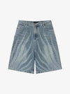 Rhinestone Wave Denim Bermuda Shorts – Light Wash Relaxed Fit Statement Shorts