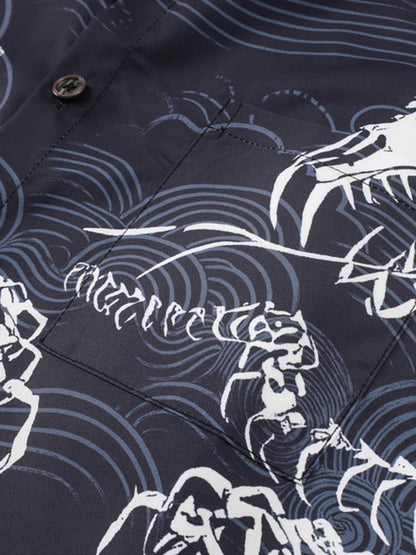 Japanese Wave Dragon Skeleton Camp Collar Boxy Shirt 
