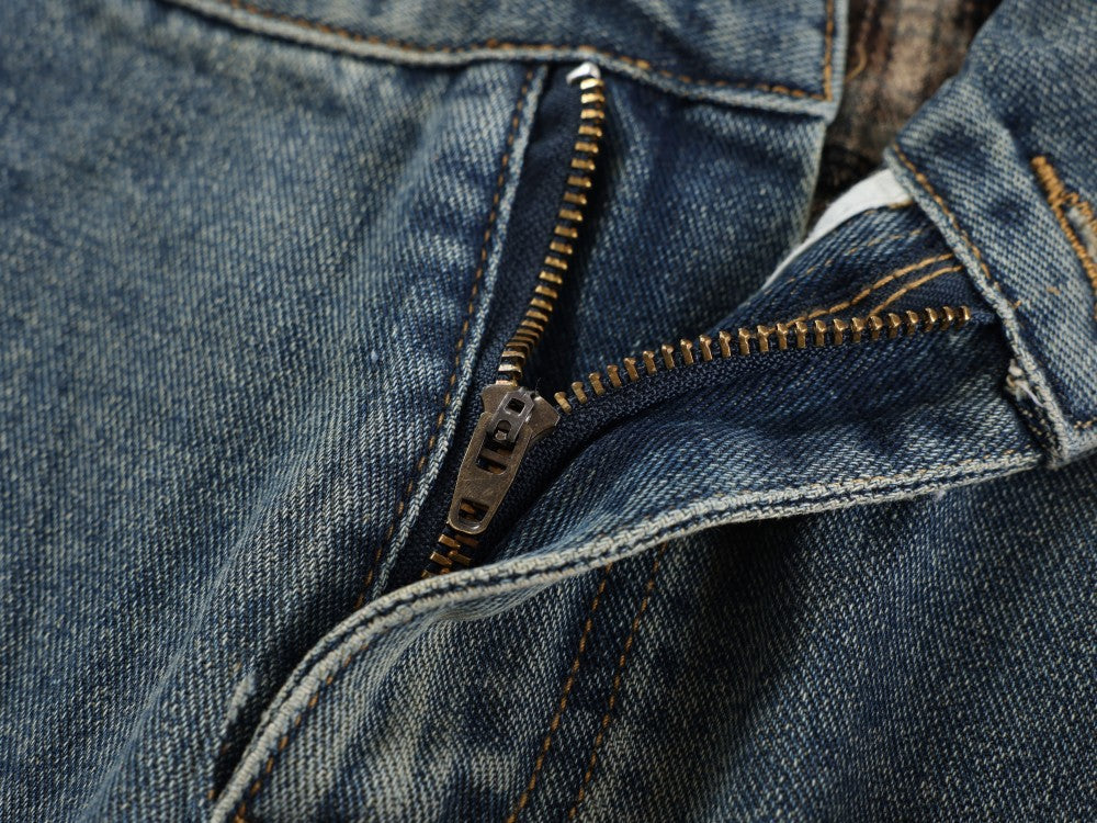 Denim Patchwork Wide Leg Pants with Drawstring Waist and Distressed Details 