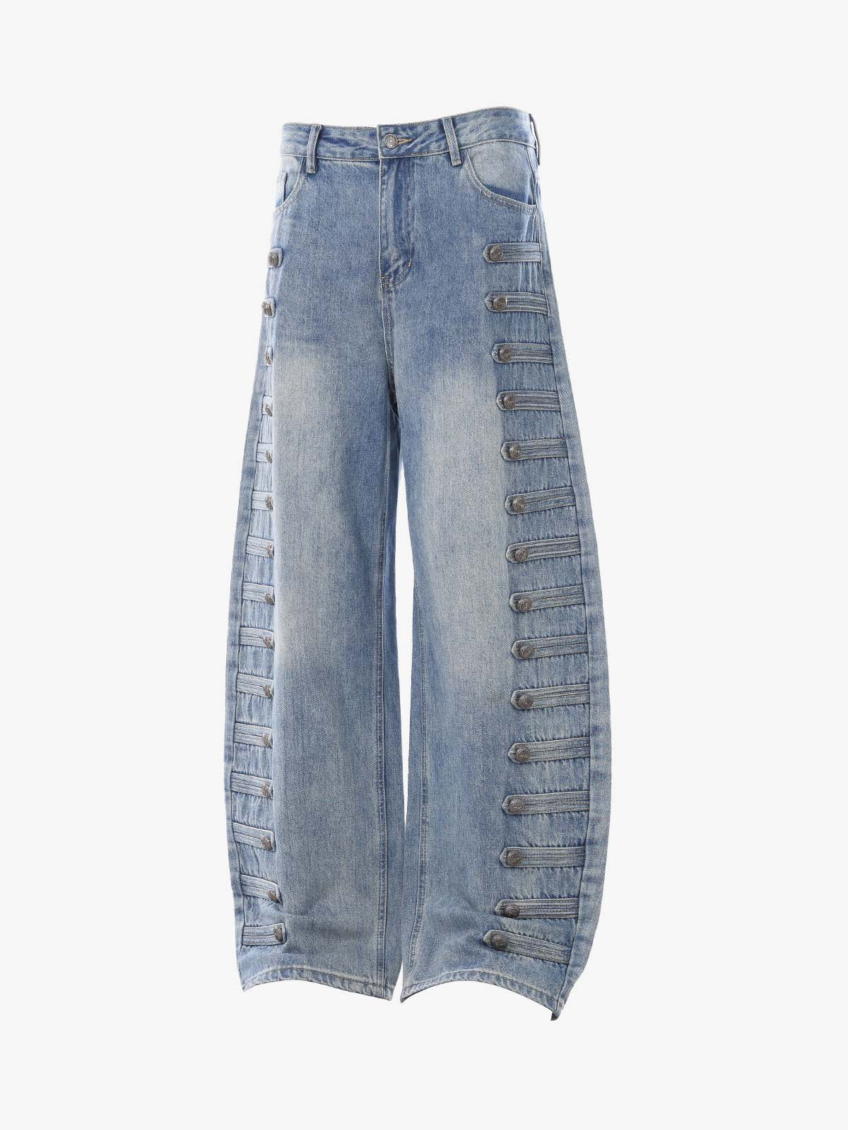 Button-Trim Curved-Leg Jeans