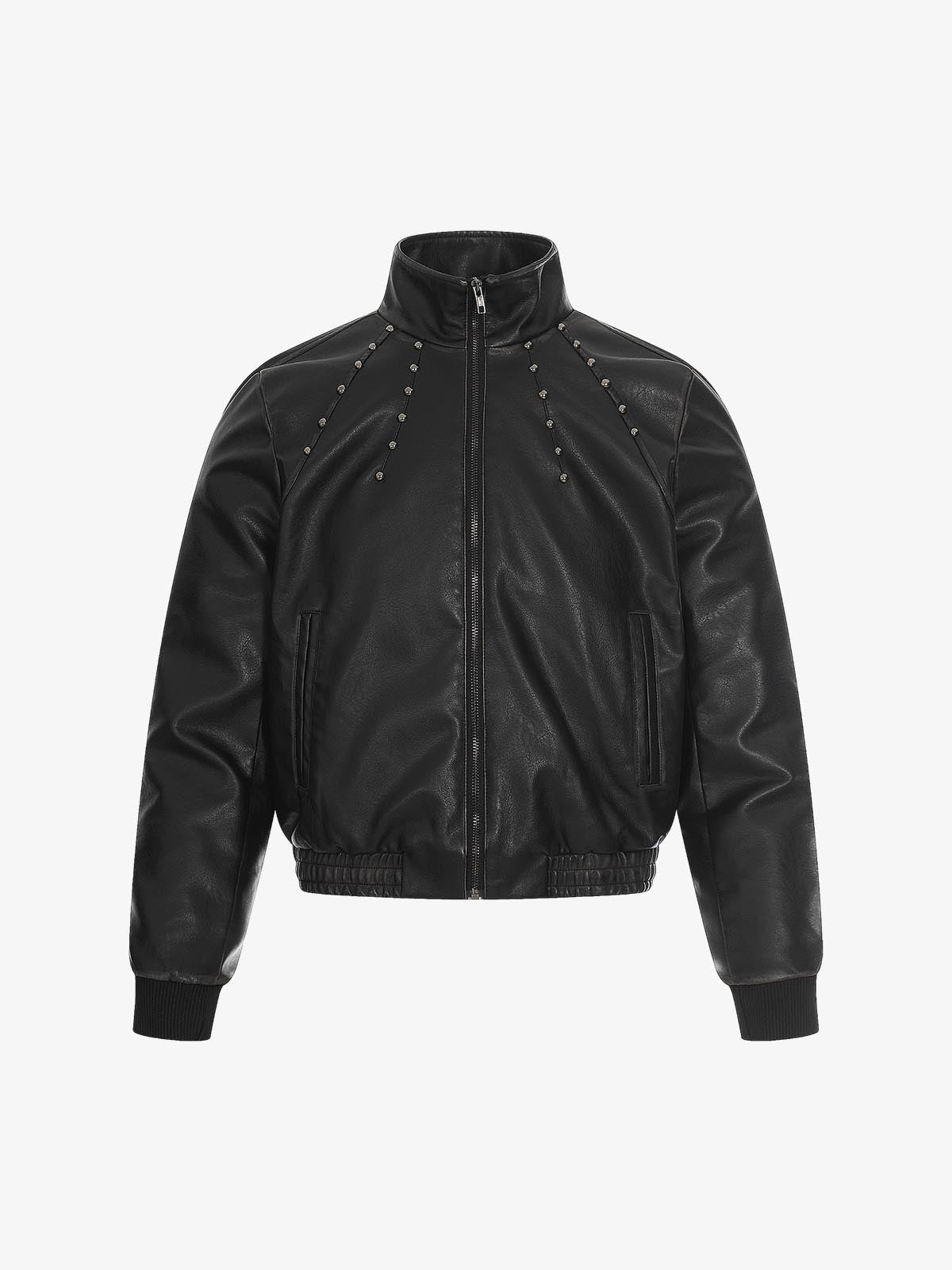 Studded High-Neck Faux Leather Jacket 