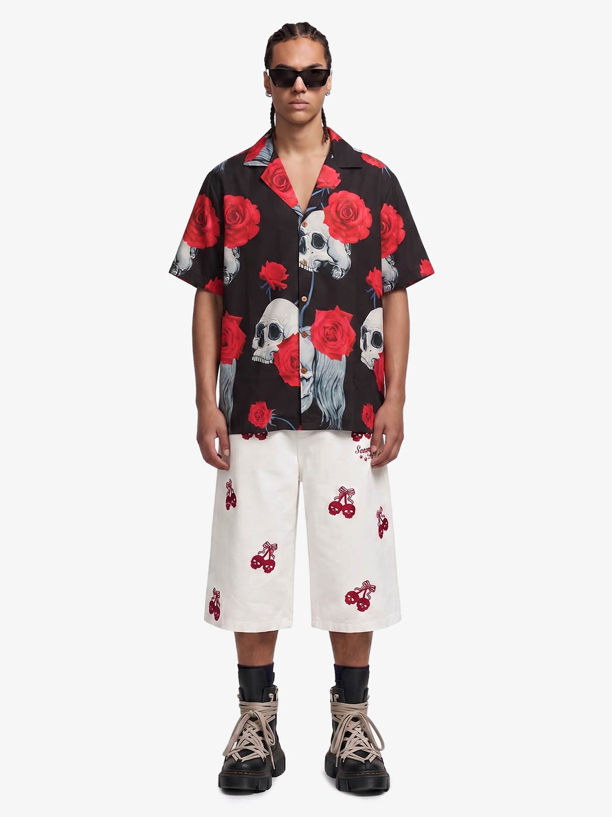 Gothic Skull Rose Camp Collar Boxy Shirt 