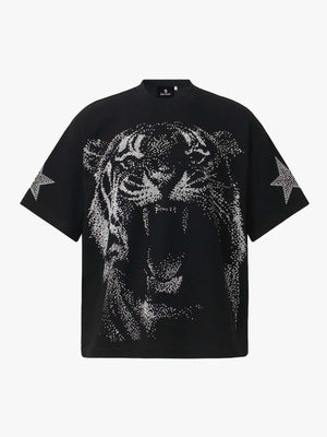 280G Cotton Tiger Print Oversized T-Shirt with Star Sleeve Design 
