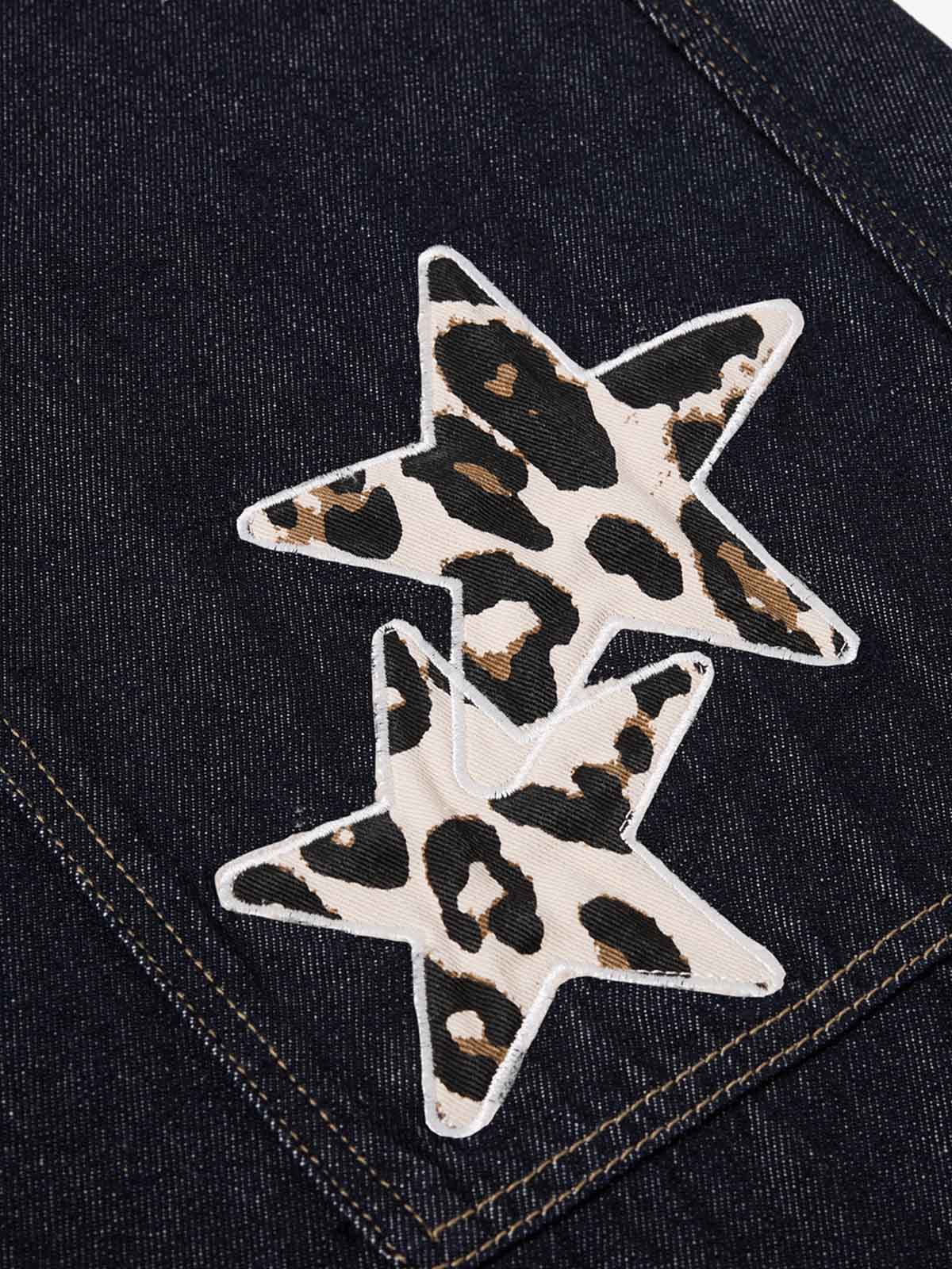 Thesupermade Raw Denim Star Leopard Patch Embroidery Baggy Jeans