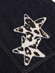Thesupermade Raw Denim Star Leopard Patch Embroidery Baggy Jeans