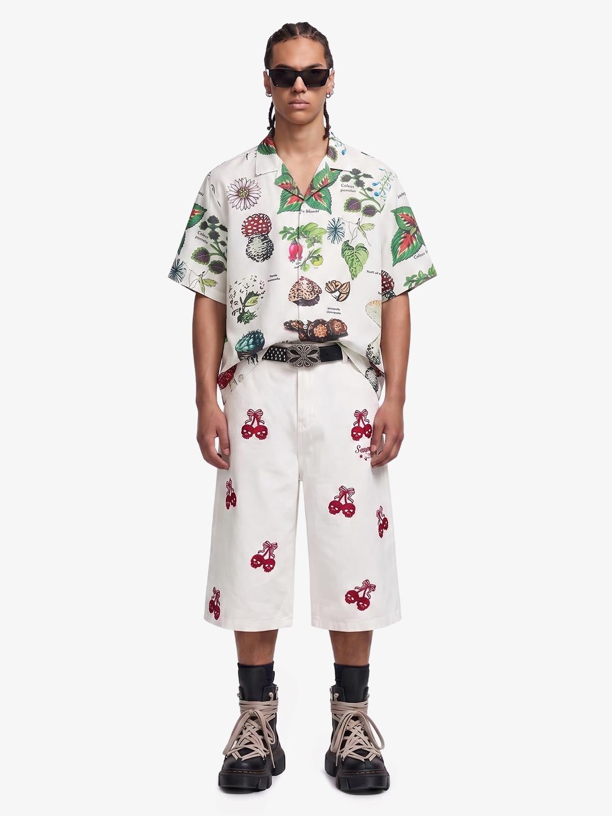 Vintage Succulent Botanical Print Camp Collar Boxy Shirt 