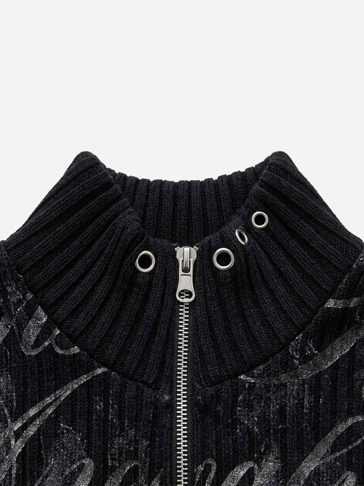 Studded Gothic Letter Stand-Collar Zip Knit Sweater