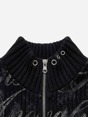 Studded Gothic Letter Stand-Collar Zip Knit Sweater