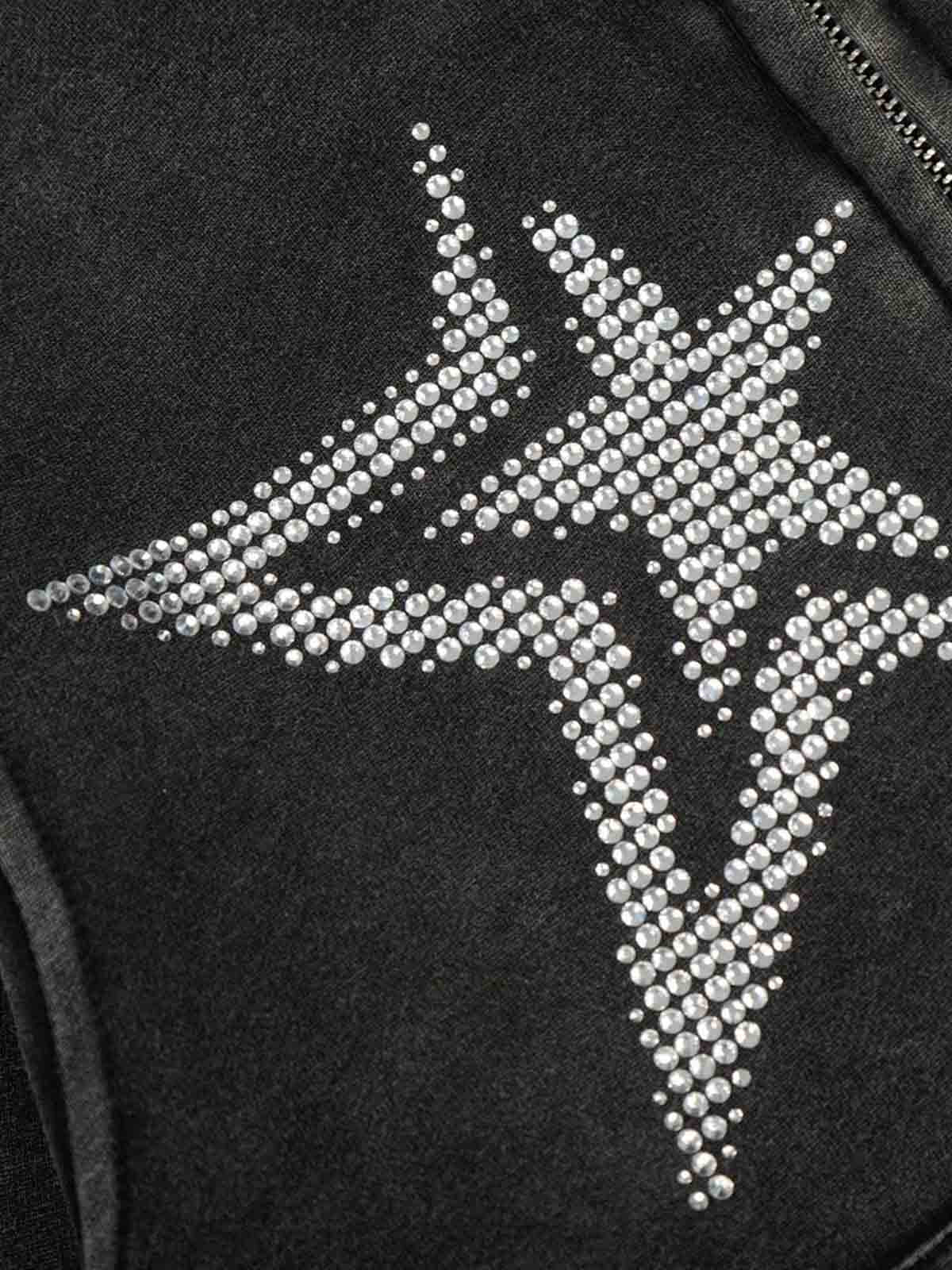Vintage Washed Symmetrical Star Rhinestone Zip-Up Hoodie