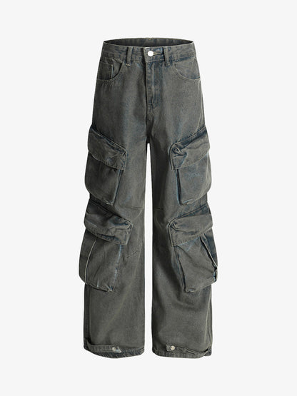 Vintage Washed Ripped Multi-pocket Work Jeans 