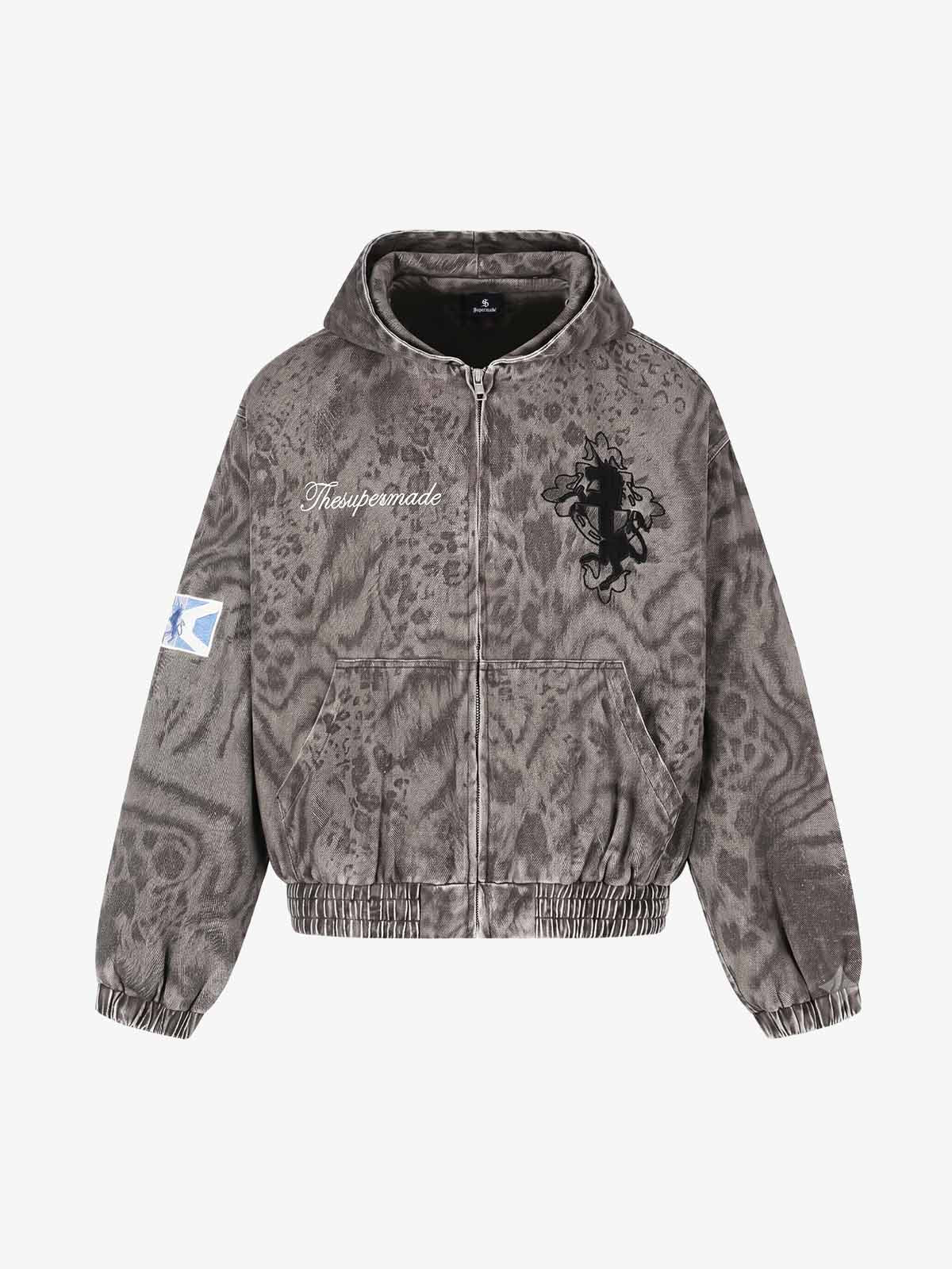 Distressed Leopard Embroidered Boxy Jacket