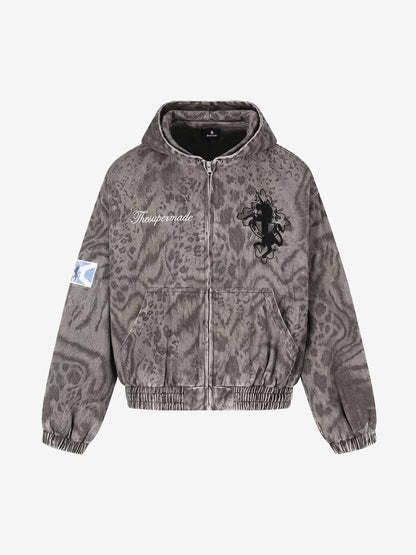 Distressed Leopard Embroidered Boxy Jacket