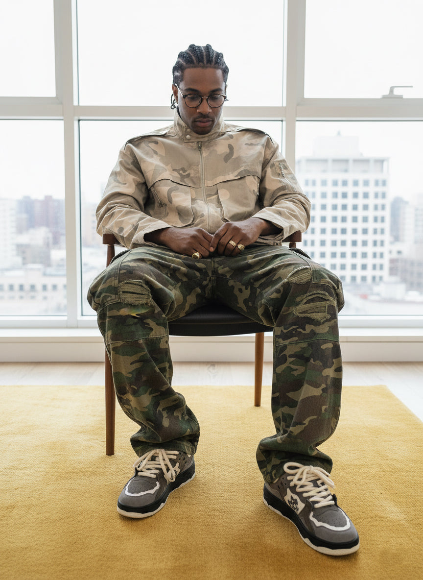 Woven Ripped Camouflage Flared Cargo Pants - 2410 