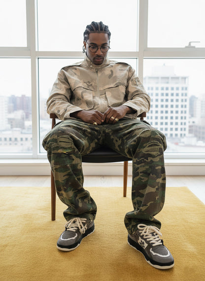 Woven Ripped Camouflage Flared Cargo Pants - 2410 
