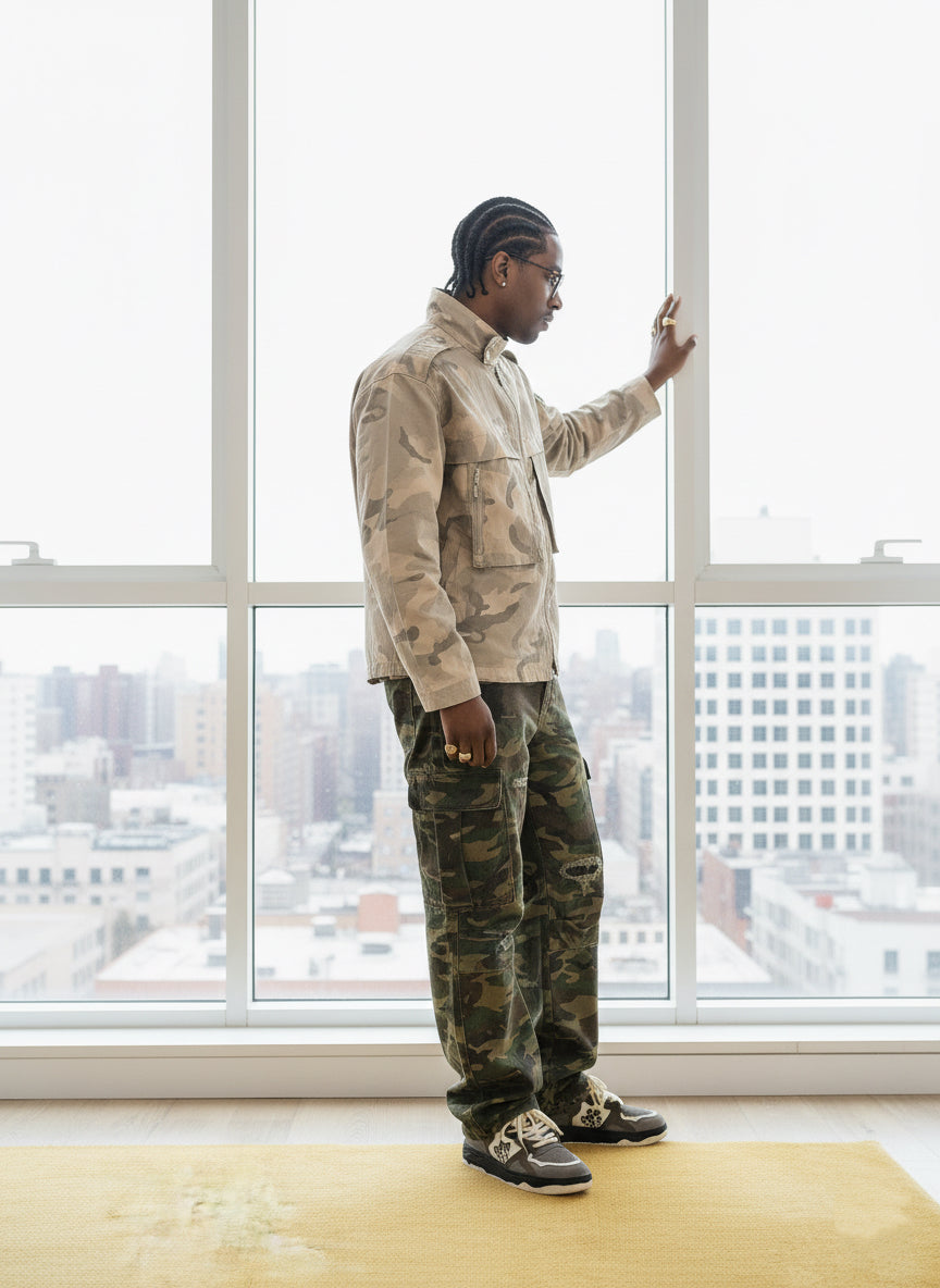 Woven Ripped Camouflage Flared Cargo Pants - 2410 
