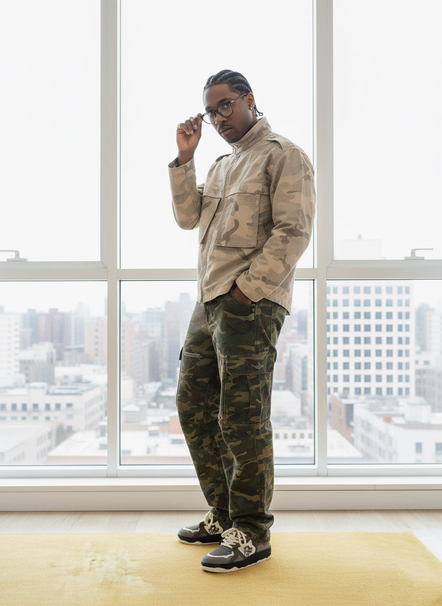 Woven Ripped Camouflage Flared Cargo Pants - 2410 