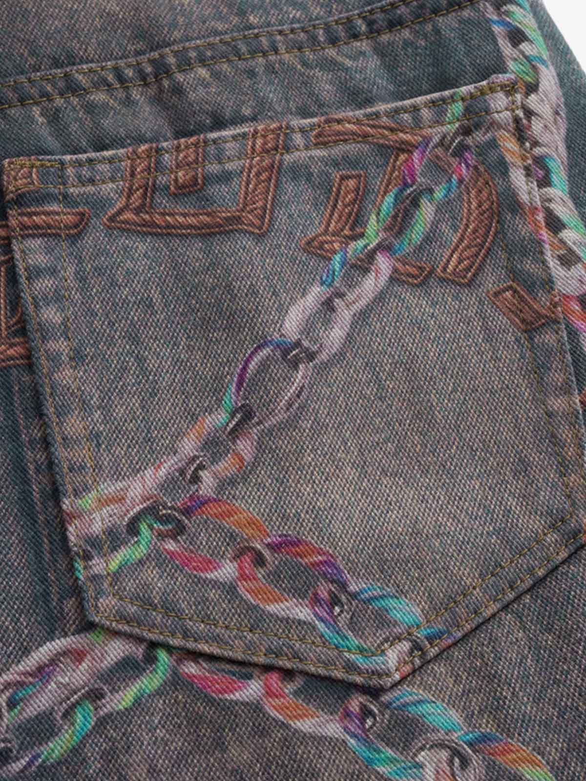 Retro High street Washed 3D Chain Printed Jeans 