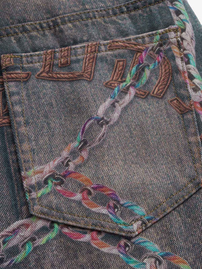 Retro High street Washed 3D Chain Printed Jeans 