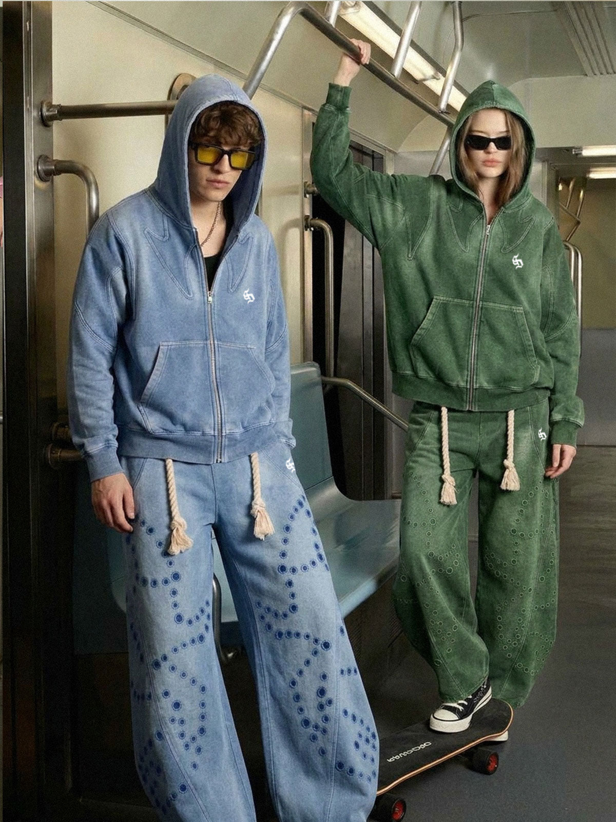 Washed Spray-Edge Zip Hoodie & Curved-Leg Sweatpants Set