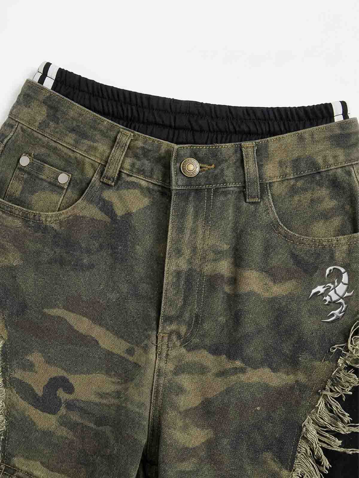 Scorpion Embroidered Camo Patchwork Double-Waist Straight-Leg Pants
