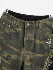 Scorpion Embroidered Camo Patchwork Double-Waist Straight-Leg Pants
