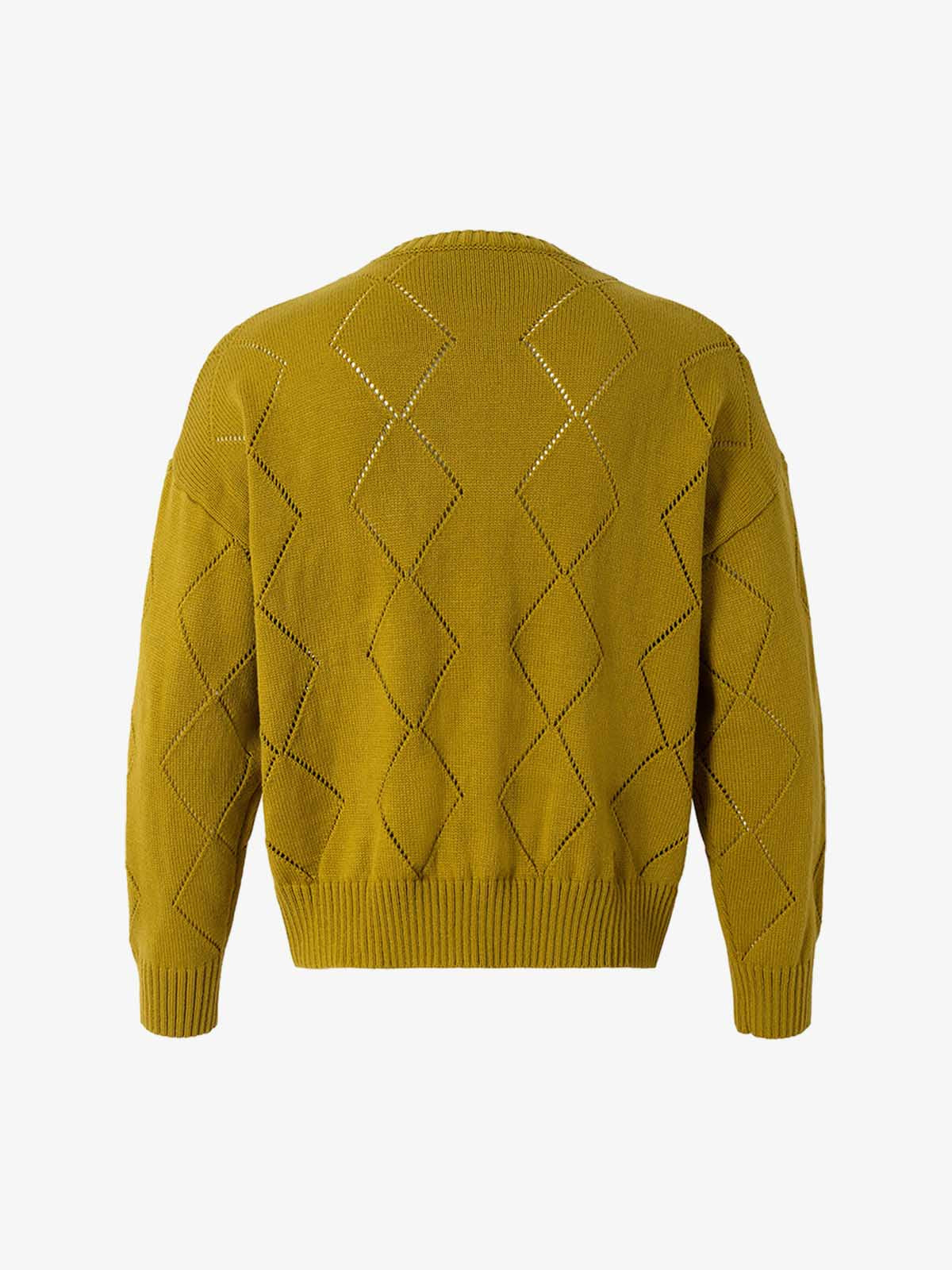 Mustard Yellow Knit Cardigan with Diamond Pattern and Bold Lettering 