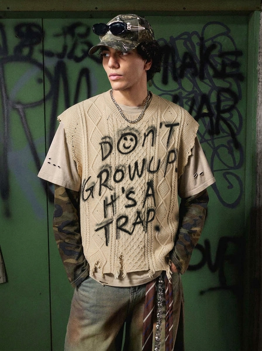 Distressed Graffiti Cable-Knit Vest