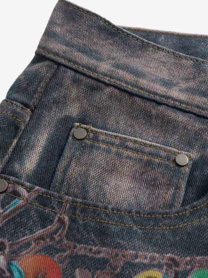 Retro High street Washed 3D Chain Printed Jeans 