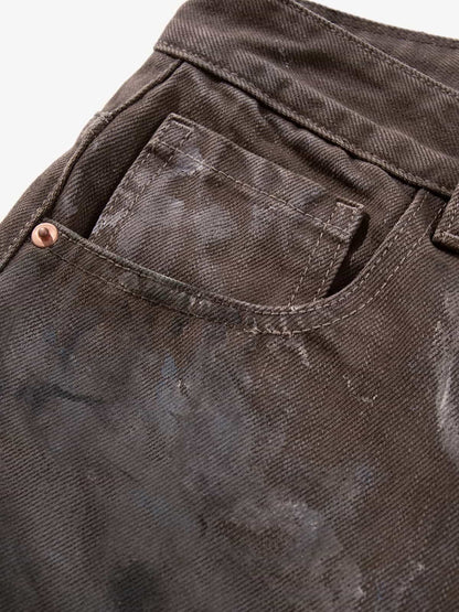 Retro Graffiti Painted Distressed Wide-Leg Jeans 