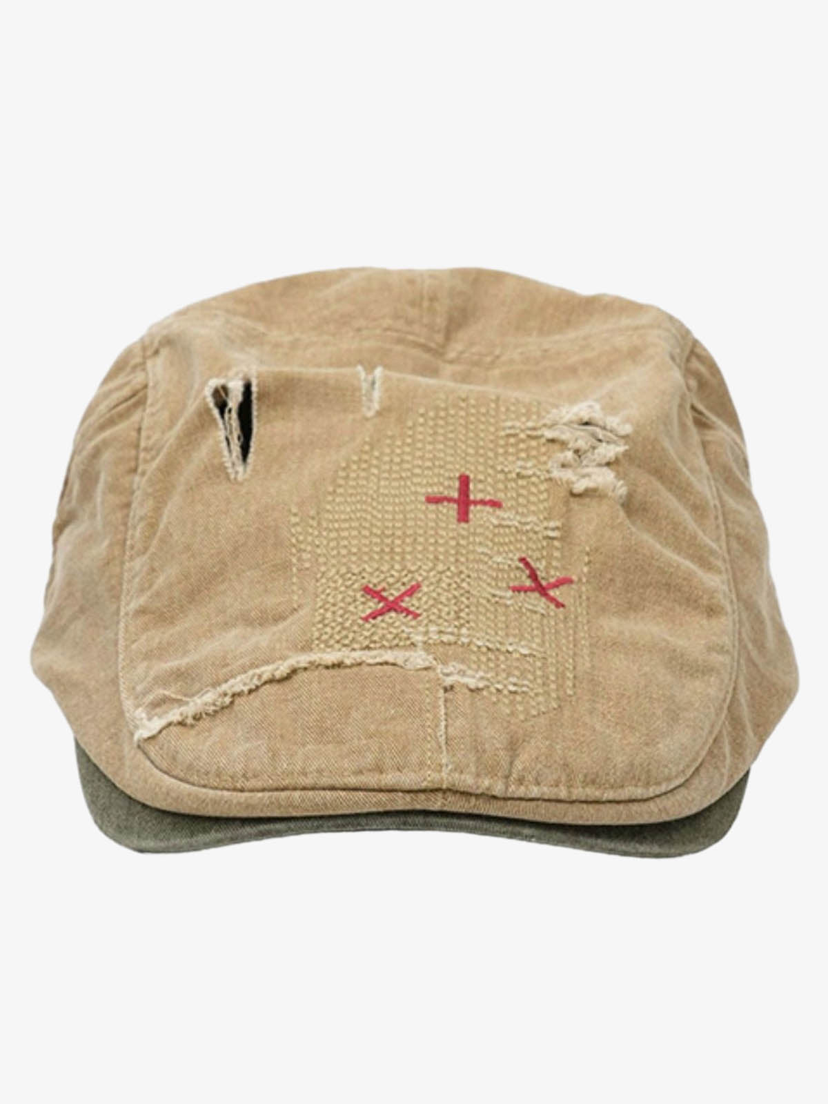 Distressed Patchwork Embroidered Cotton Flat Cap 