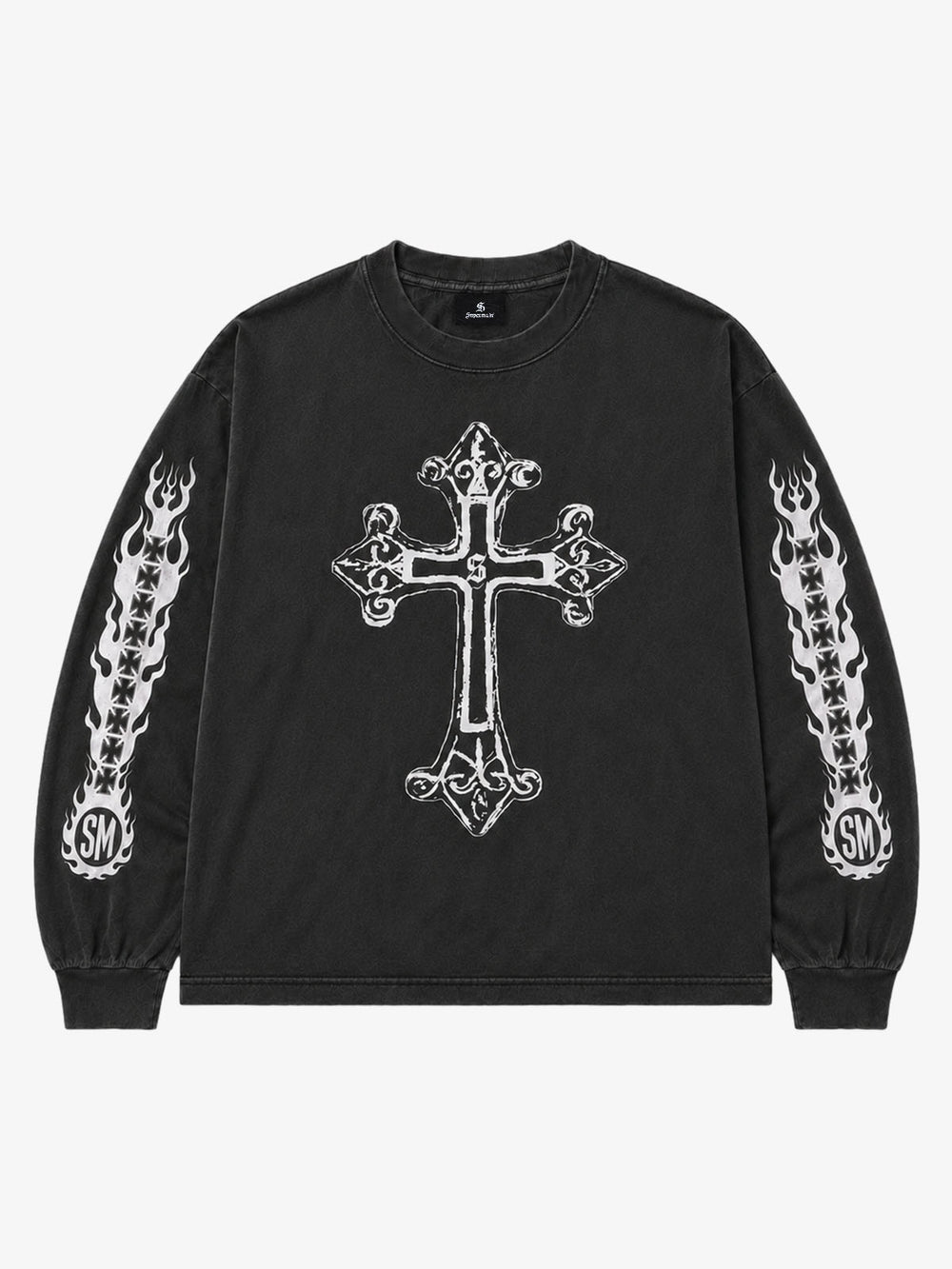 Cross Flame Graphic Distressed Long Sleeve Tee