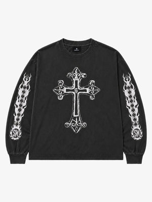 Cross Flame Graphic Distressed Long Sleeve Tee