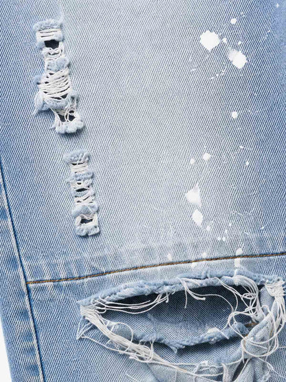 Double-Zip Paneled Distressed Bootcut Jeans