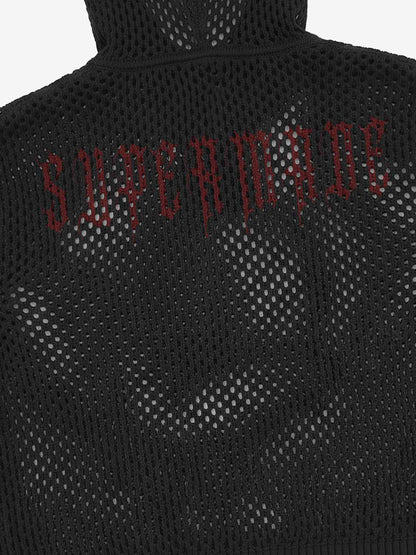 Anti-War Graphic Open-Mesh Knit Boxy Hoodie
