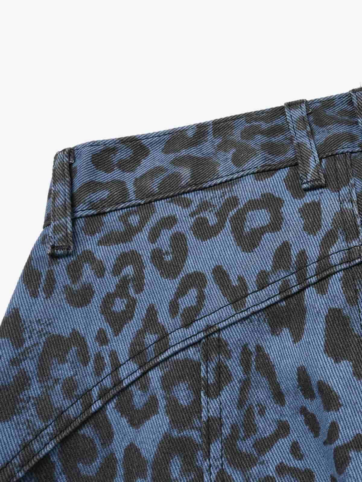 Retro Leopard Print Blue Washed Distressed Jeans 