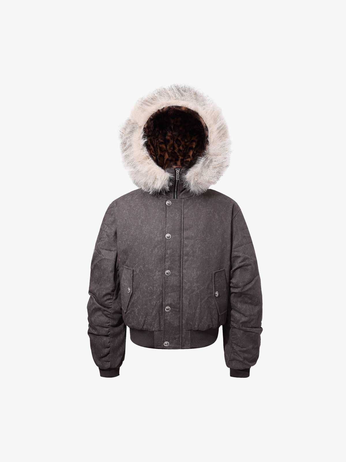 Leopard Panel Fur-Trim Hooded Bomber Jacket 