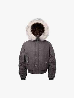 Leopard Panel Fur-Trim Hooded Bomber Jacket 