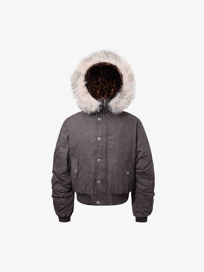 Leopard Panel Fur-Trim Hooded Bomber Jacket 