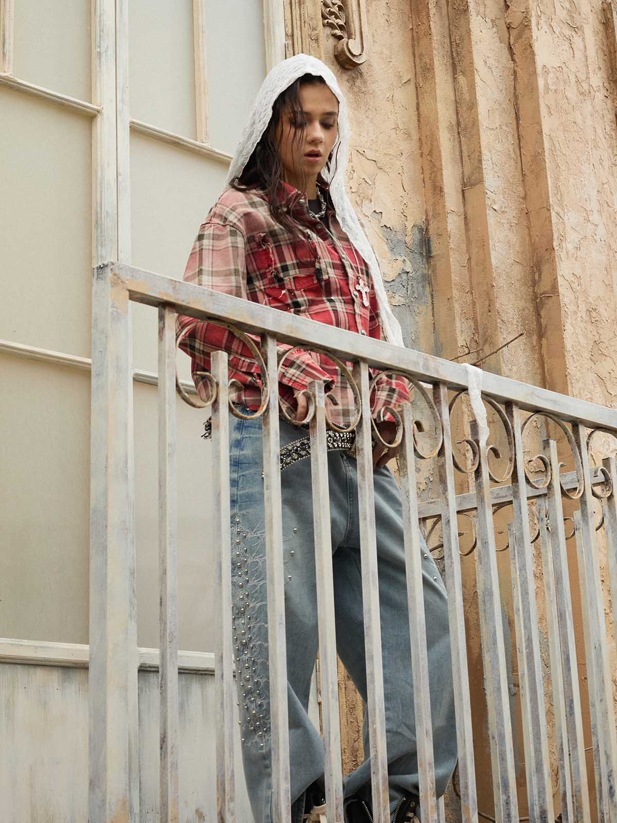 Paint Splatter Plaid Frayed Hem Button Up Shirt 