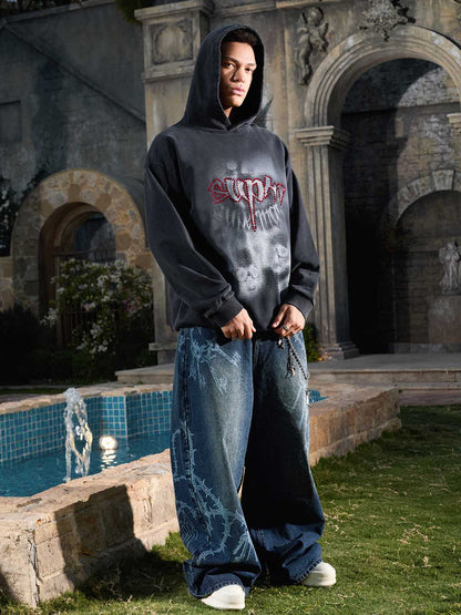 Rhinestone Letter Airbrush Graphic Pullover Hoodie 