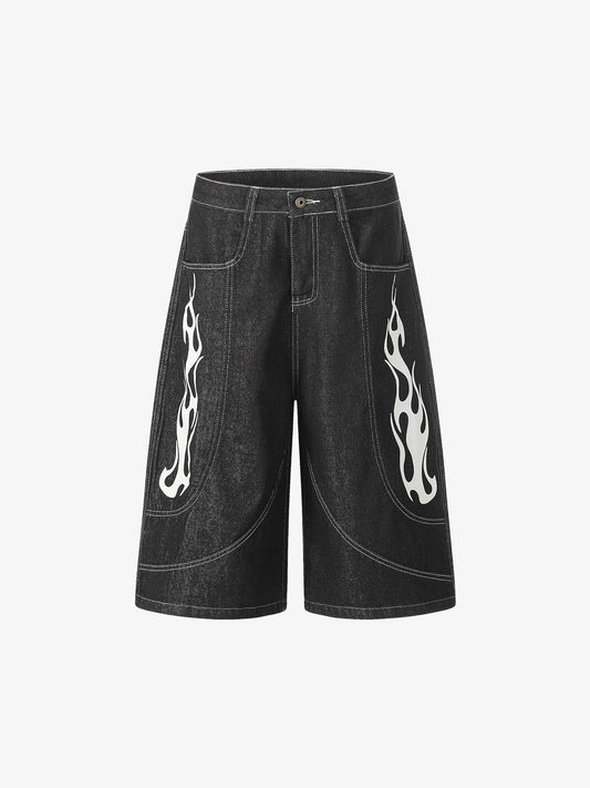 Pantaloncini in denim con cuciture a contrasto e motivo a fiamme