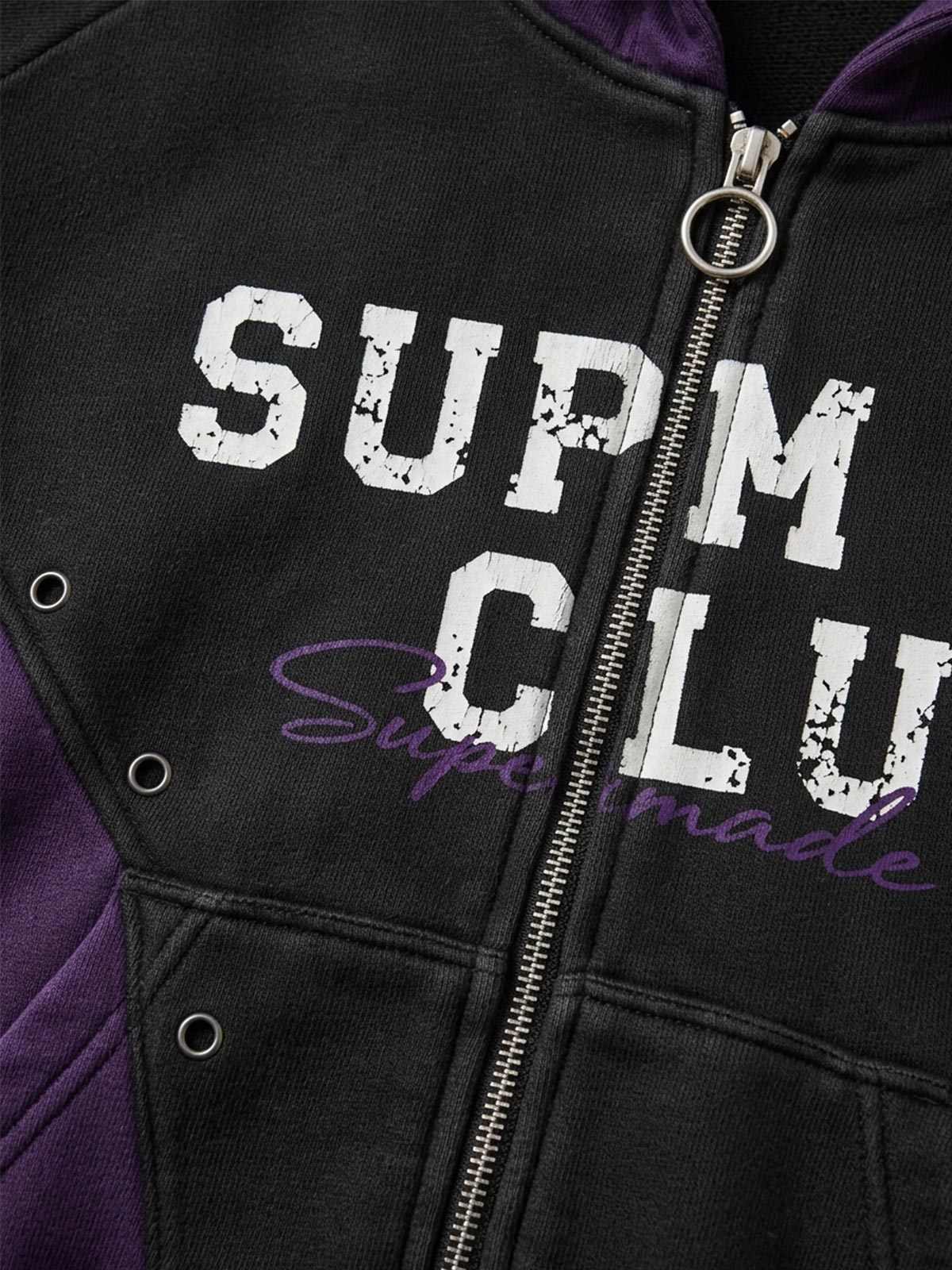 Contrast Panel Studded Zip-Up Hoodie