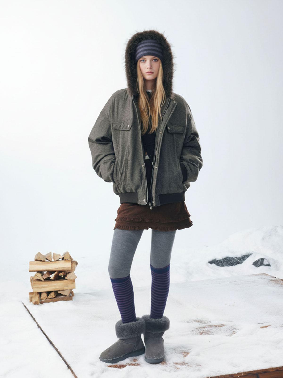 Winter Essential Bomber Jacket with Faux Fur Trimmed Hood 