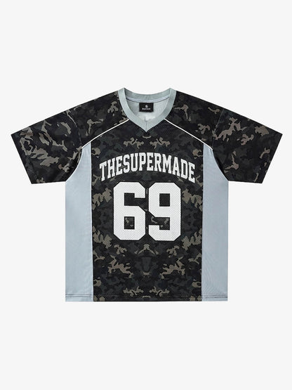 Camo Patchwork Mesh Jersey Sleeve T-Shirt – Oversized Streetwear Tee