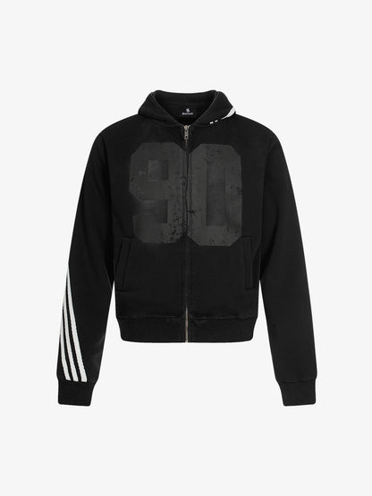 Striped Patchwork Distressed Washed Boxy Zip-Up Hoodie