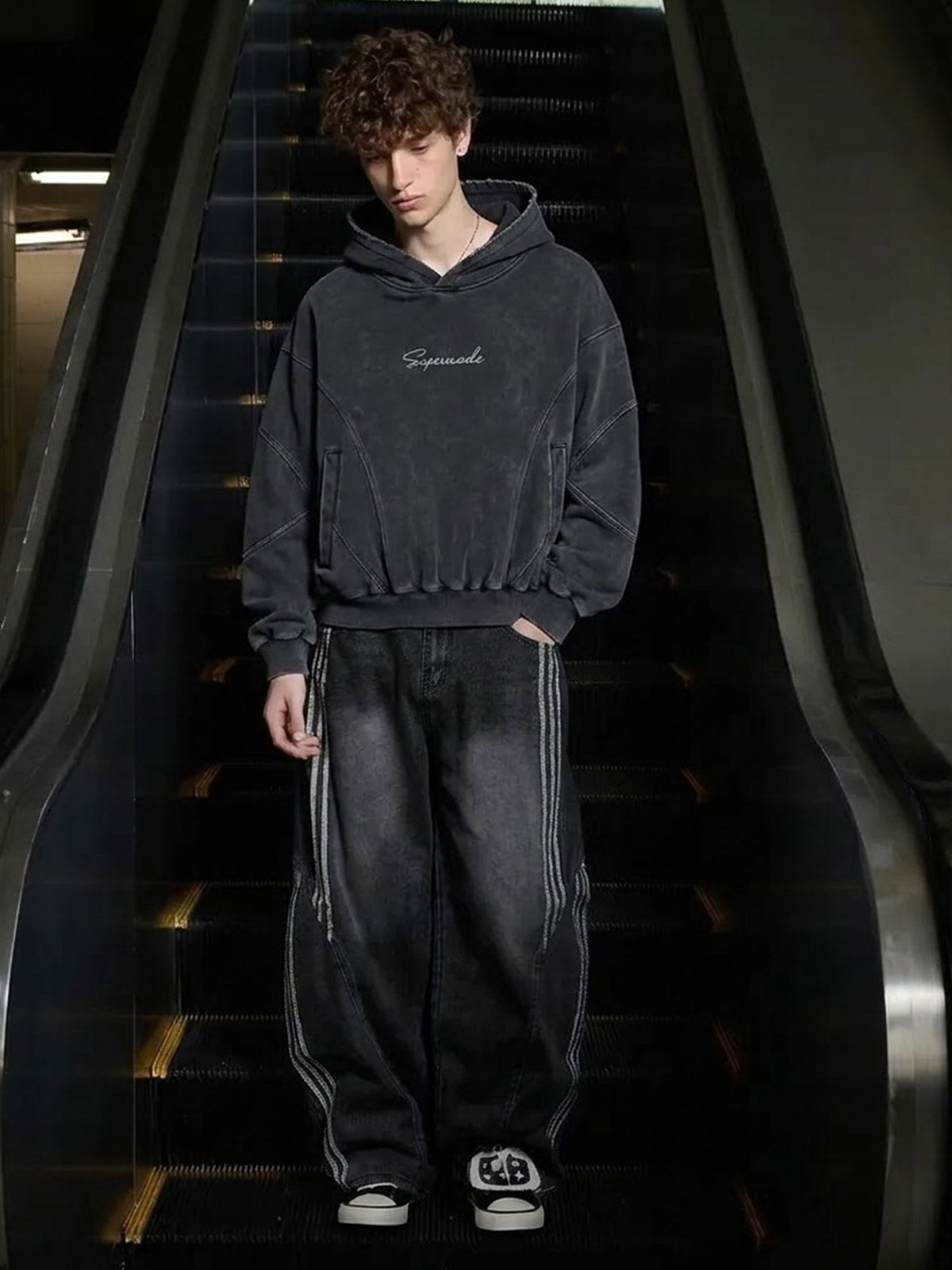 Washed Panel-Constructed Embroidered Pullover Hoodie