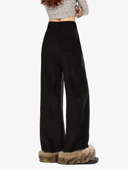Retro Faux Fur Hem Wide-Leg Pants 