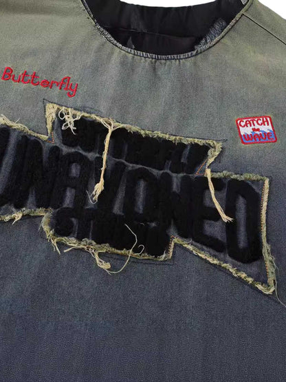 Distressed Washed Patchwork Gradient Denim T-shirt 
