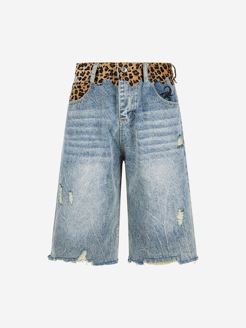 Vintage-Shorts aus Denim mit Leopardenmuster und Used-Look